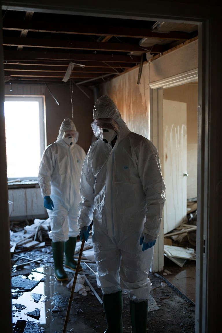 Restoration crew on-site in PPE assessing fire and water damage